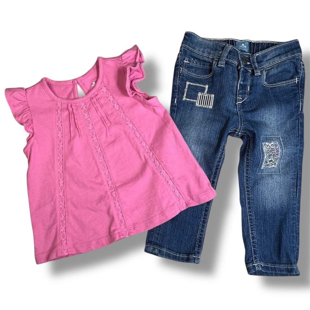 Baby Gap Pink Ruffle Sleeve Top Distressed Patchwork Jeans Set‎ Girls 12-18mo.